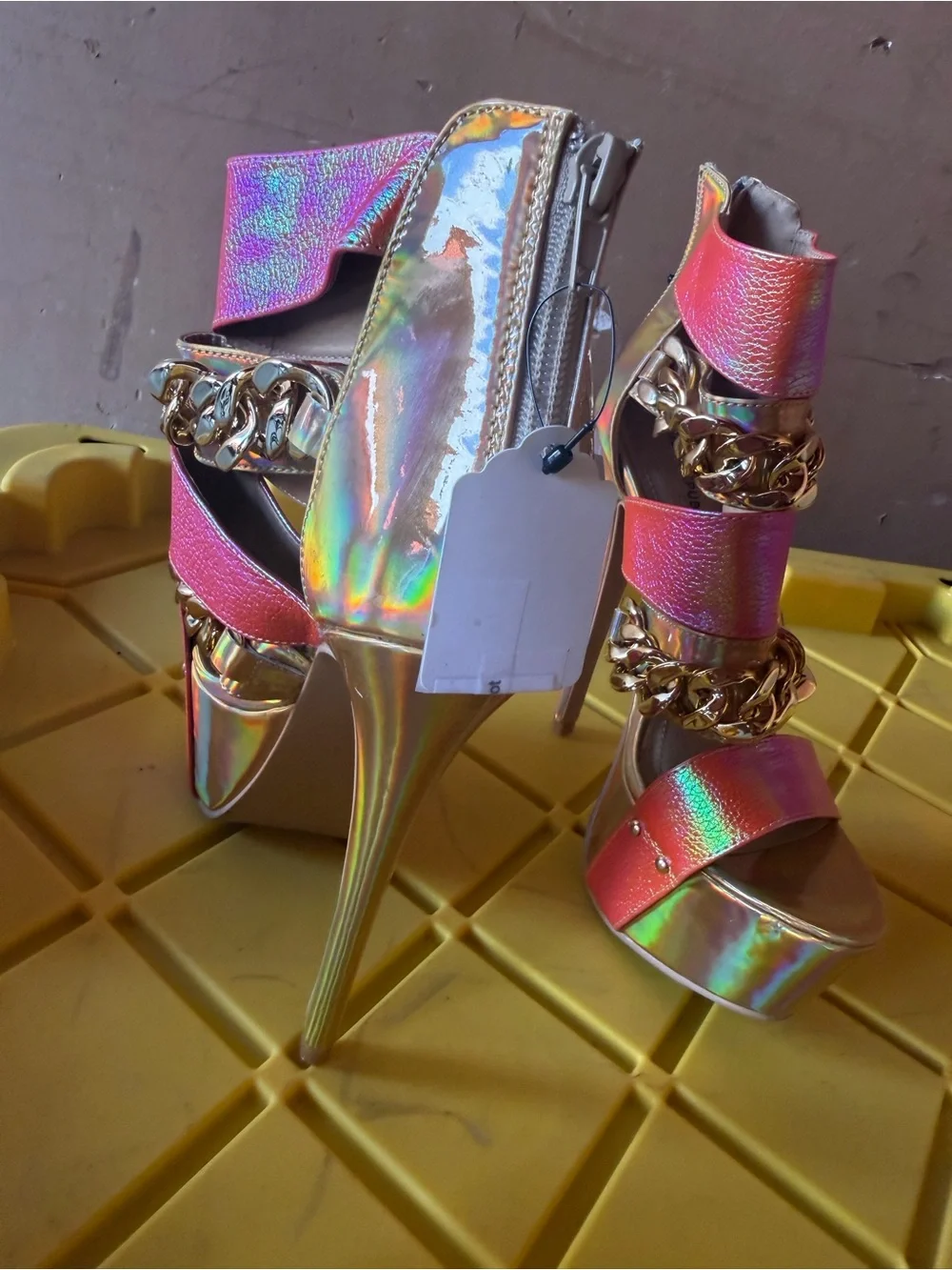 Shoe Republic LA Iridescent Pink Platform Heels with Gold Chain